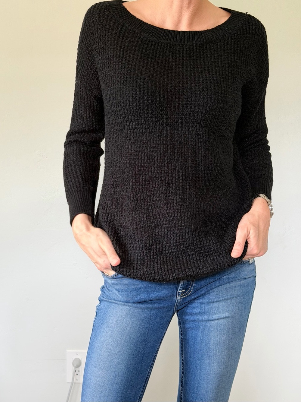Tildon Black Waffle Knit Crewneck Sweater
